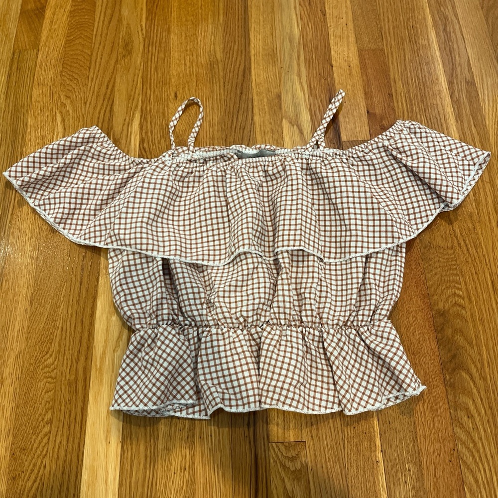 Papaya Brown Checkered Off-Shoulder Blouse